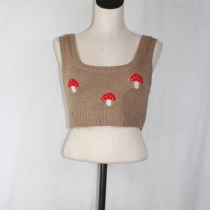 Hazel Moon Women's Cropped Sweater Vest Mushrooms Size M Boho Festival Layered